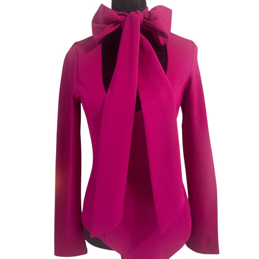 Magenta neck tie, Bow,peep hole neck, long sleeve body suit,Large - Picture 9 of 9
